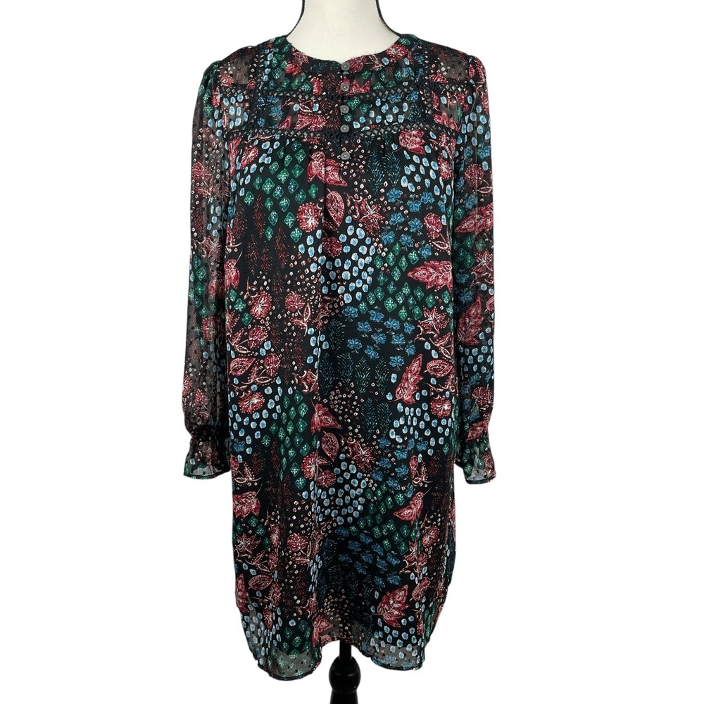 LOFT Petites Women's Shift Dress MP Medium Floral Multi Long Sleeve Lace Trim
